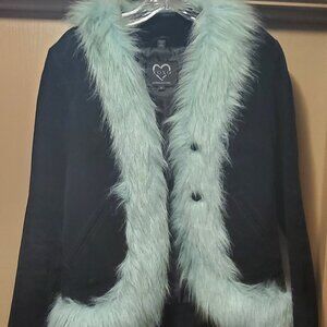 Vintage XOXO Suede Jacket with Blue Faux-Fur Trim, M